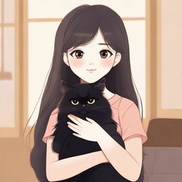 An animated picture of a young girl with long flowing hair, holding a black Persian cat in her hands