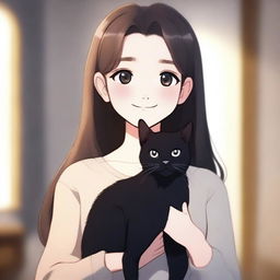 An animated picture of a girl with long hair holding a black cat in her hands