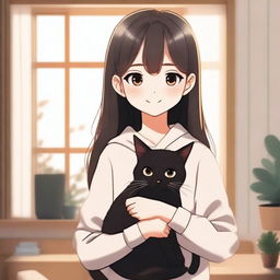 An animated picture of a girl with long hair holding a black cat in her hands