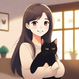 An animated picture of a girl with long hair holding a black cat in her hands