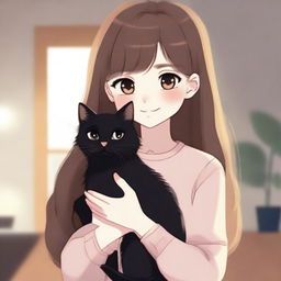 An animated picture of a girl with long hair holding a black cat in her hands