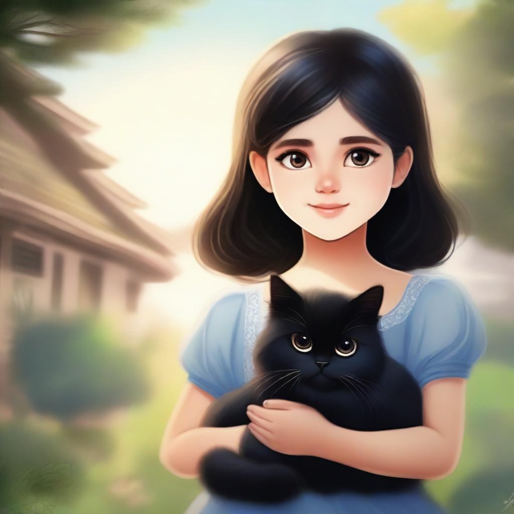 A beautifully animated picture of a young girl holding a black Persian cat in her hands