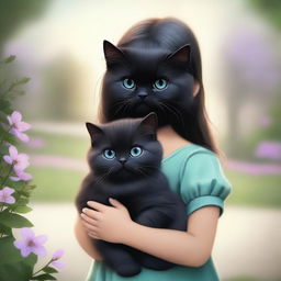 A beautifully animated picture of a young girl holding a black Persian cat in her hands