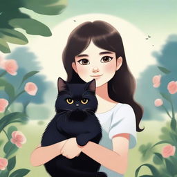 A beautifully animated picture of a young girl holding a black Persian cat in her hands