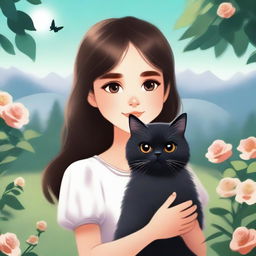 A beautifully animated picture of a young girl holding a black Persian cat in her hands