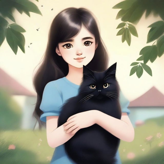 A beautifully animated picture of a young girl with long hair holding a black Persian cat in her hands