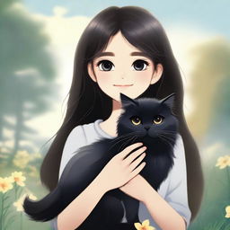 A beautifully animated picture of a young girl with long hair holding a black Persian cat in her hands