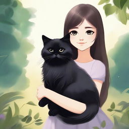 A beautifully animated picture of a young girl with long hair holding a black Persian cat in her hands