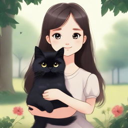 A beautifully animated picture of a young girl with long hair holding a black Persian cat in her hands