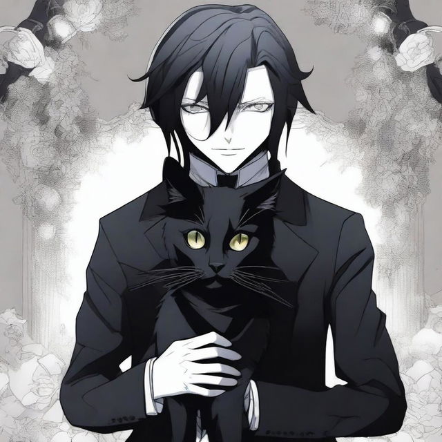 A detailed illustration of Sebastian Michaelis from Black Butler holding a black cat