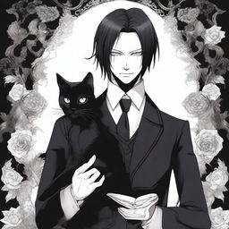 A detailed illustration of Sebastian Michaelis from Black Butler holding a black cat