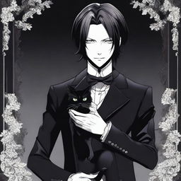 A detailed illustration of Sebastian Michaelis from Black Butler holding a black cat