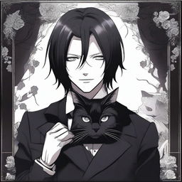 A detailed illustration of Sebastian Michaelis from Black Butler holding a black cat