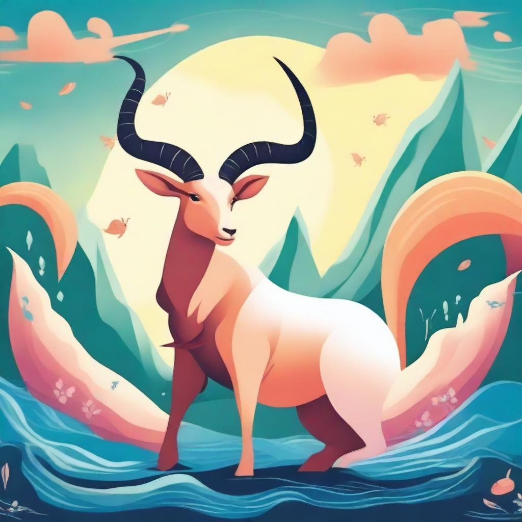 Create an animated picture of a Capricorn, featuring a mythical sea-goat with a fish tail and goat body