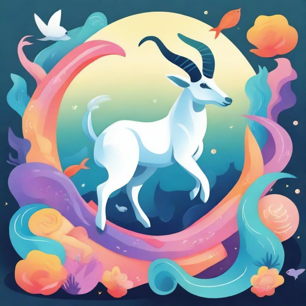 Create an animated picture of a Capricorn, featuring a mythical sea-goat with a fish tail and goat body