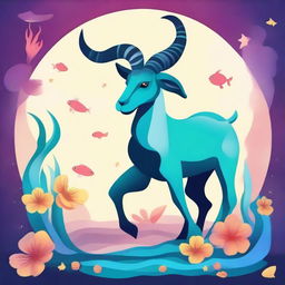 Create an animated picture of a Capricorn, featuring a mythical sea-goat with a fish tail and goat body