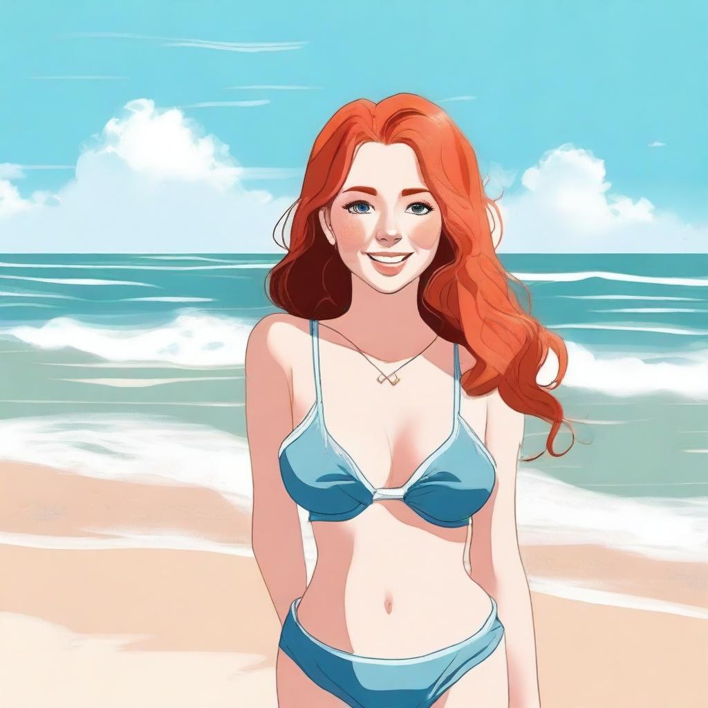 A red-haired girl wearing a bikini, standing by the beach with the ocean waves in the background