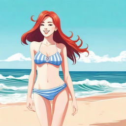 A red-haired girl wearing a bikini, standing by the beach with the ocean waves in the background