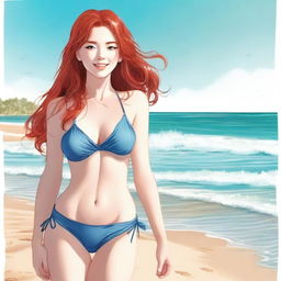 A red-haired girl wearing a bikini, standing by the beach with the ocean waves in the background