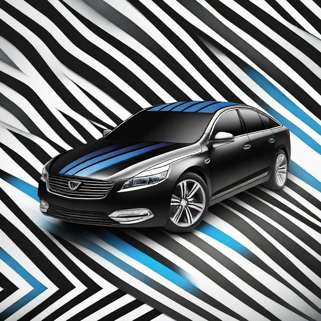 Design a sleek black company car featuring dynamic blue and white zigzag lines running along its sides