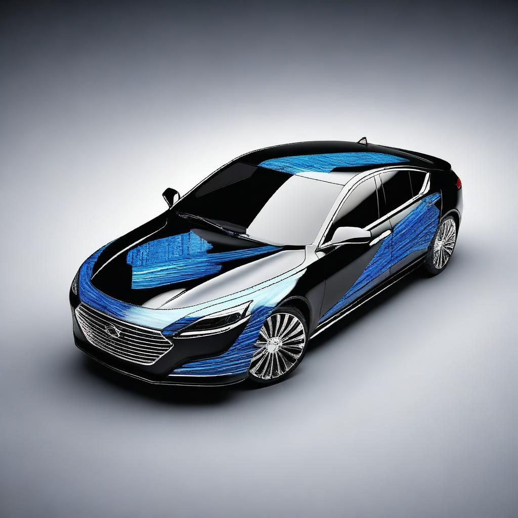 Design a sleek black company car featuring dynamic blue and white zigzag lines running along its sides