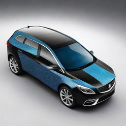 Design a sleek black company car featuring dynamic blue and white zigzag lines running along its sides