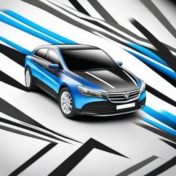 Design a sleek black company car featuring dynamic blue and white zigzag lines running along its sides