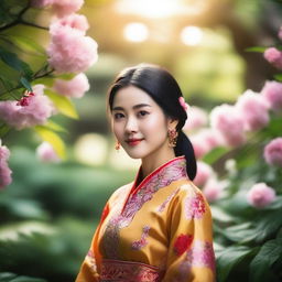 A beautiful Asian girl with a serene expression, standing in a lush garden filled with blooming flowers and vibrant greenery