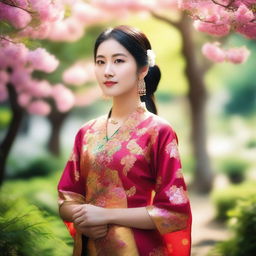 A beautiful Asian girl with a serene expression, standing in a lush garden filled with blooming flowers and vibrant greenery