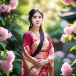 A beautiful Asian girl with a serene expression, standing in a lush garden filled with blooming flowers and vibrant greenery