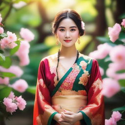 A beautiful Asian girl with a serene expression, standing in a lush garden filled with blooming flowers and vibrant greenery