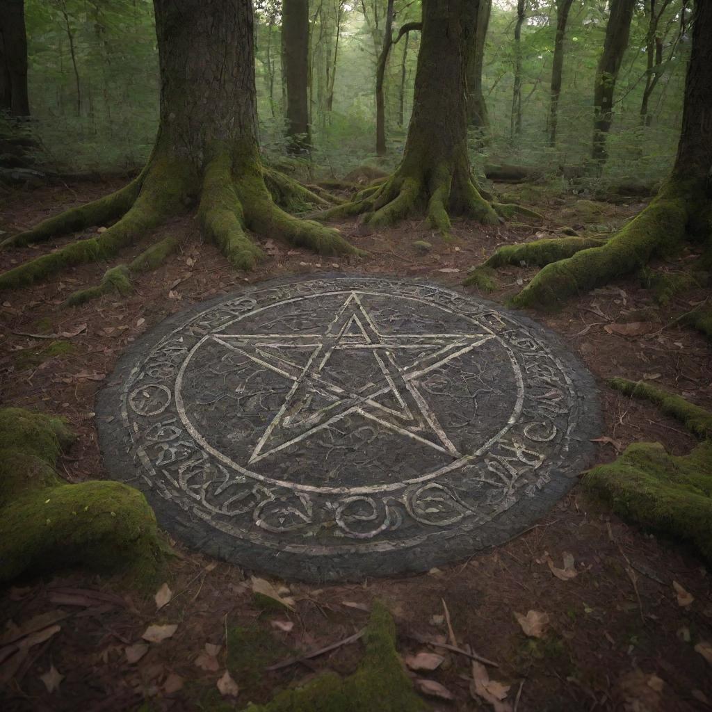 A large, intricate pentagram carved into the forest floor, enveloped in an ethereal, witchy atmosphere with soft moonlight filtering through the canopy.