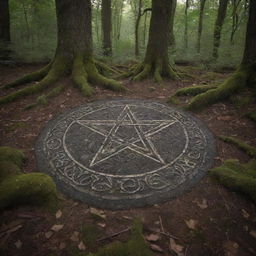 A large, intricate pentagram carved into the forest floor, enveloped in an ethereal, witchy atmosphere with soft moonlight filtering through the canopy.