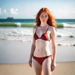 A red-haired Irish slim girl wearing a bikini, standing on a beach with the ocean waves in the background