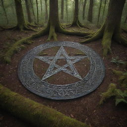 A large, intricate pentagram carved into the forest floor, enveloped in an ethereal, witchy atmosphere with soft moonlight filtering through the canopy.