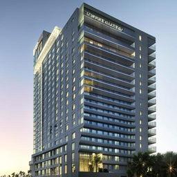 A towering modern hotel with sleek architecture, large glass windows, and sophisticated design.