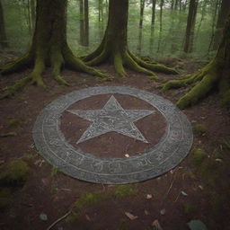 A large, intricate pentagram carved into the forest floor, enveloped in an ethereal, witchy atmosphere with soft moonlight filtering through the canopy.