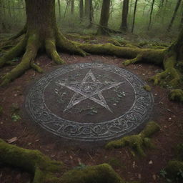 A large, intricate pentagram carved into the forest floor, enveloped in an ethereal, witchy atmosphere with soft moonlight filtering through the canopy.