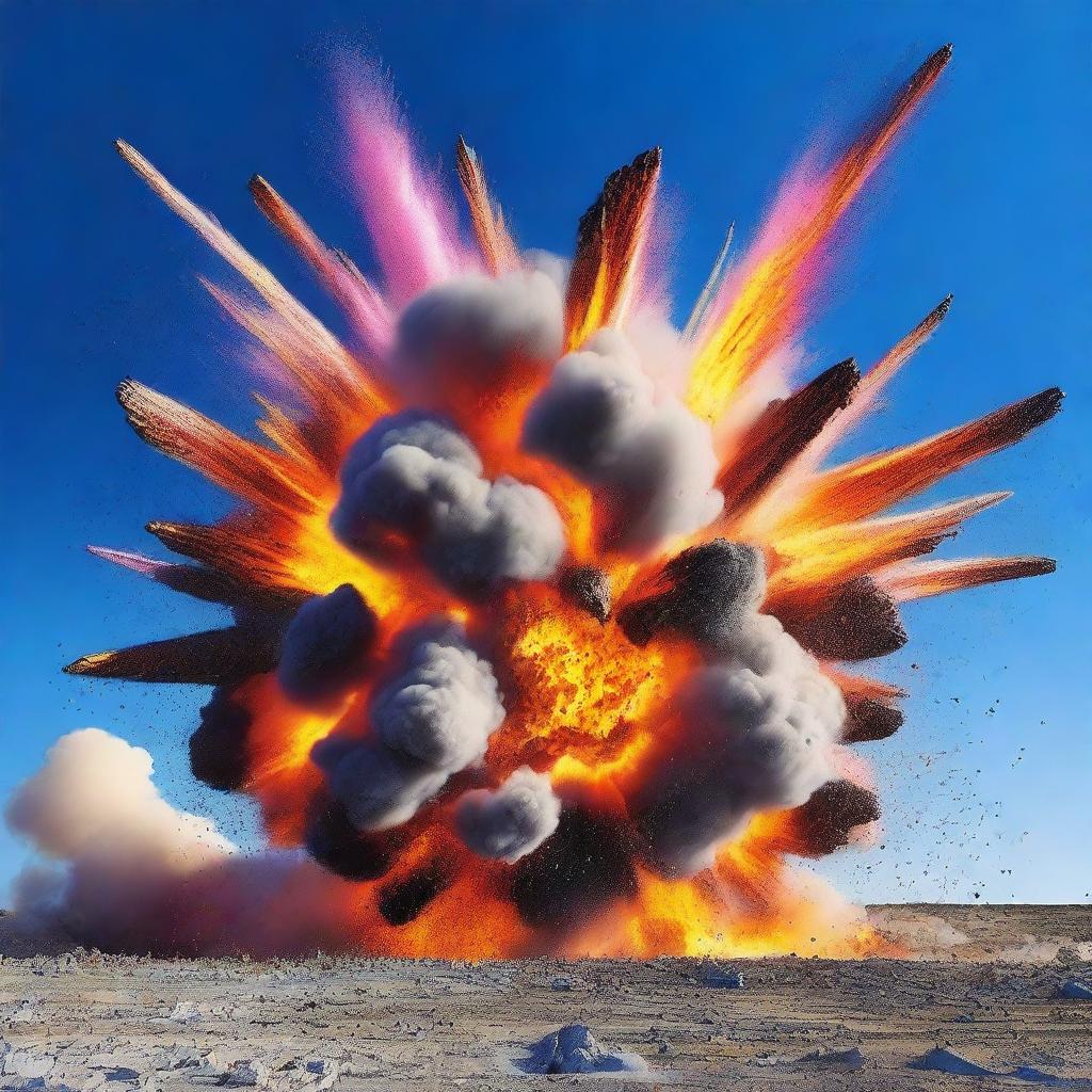 A dramatic scene depicting a massive explosion with vibrant colors and dynamic motion