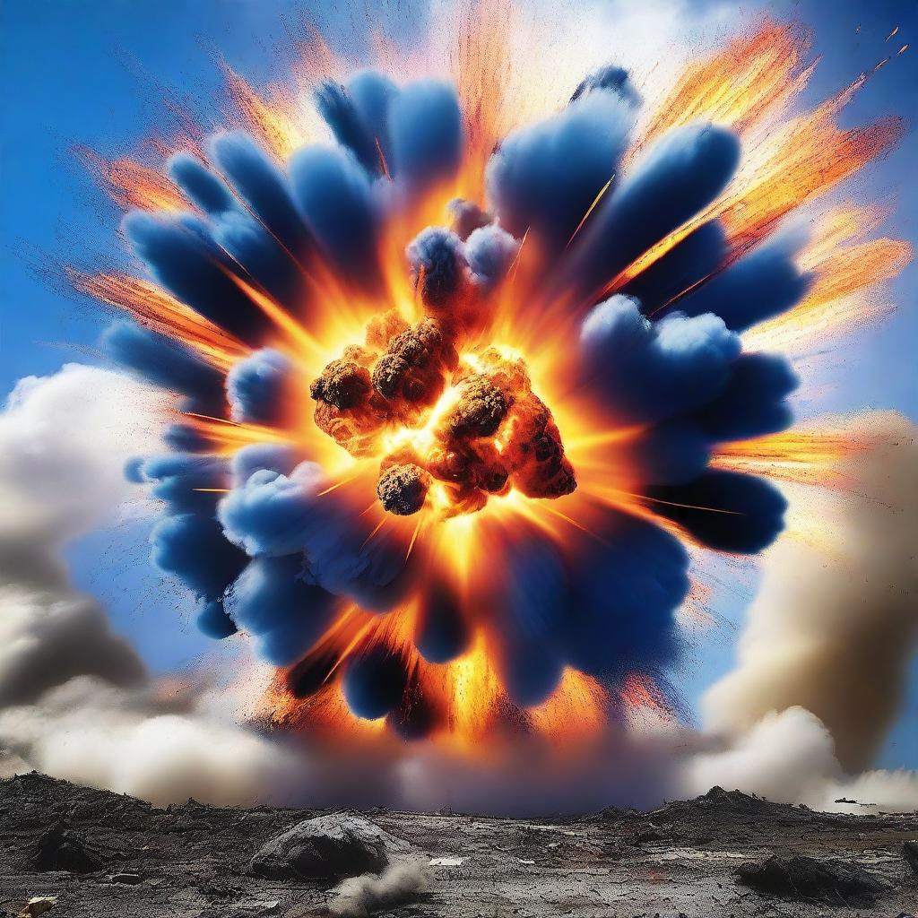 A dramatic scene depicting a massive explosion with vibrant colors and dynamic motion