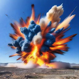 A dramatic scene depicting a massive explosion with vibrant colors and dynamic motion