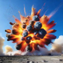 A dramatic scene depicting a massive explosion with vibrant colors and dynamic motion