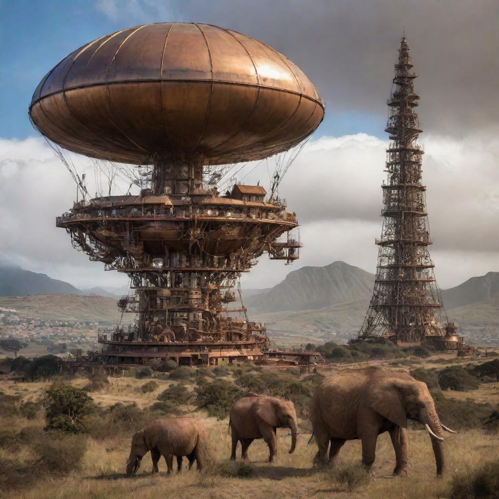 A tableaux of South Africa transformed by steampunk aesthetics, with Cape Town's landscapes interwoven with towering copper structures, wildlife reserves populated by mechanized beasts and exotic airships hovering over the dramatic Drakensberg mountains.