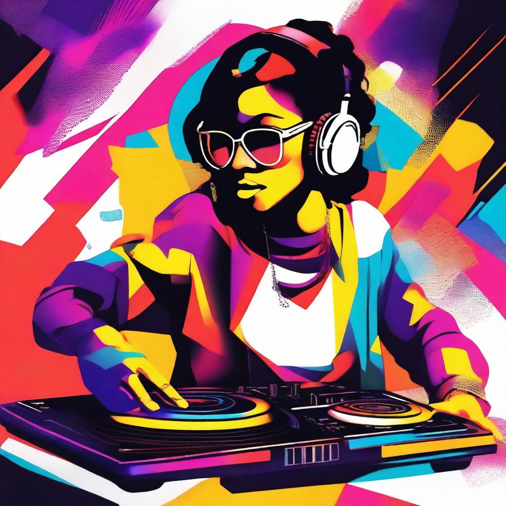 A vibrant image of Maria Mojeiko mixing music, featuring bright and striking colors with visual elements that reflect the energy and style of a home DJ session