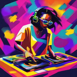 A vibrant image of Maria Mojeiko mixing music, featuring bright and striking colors with visual elements that reflect the energy and style of a home DJ session