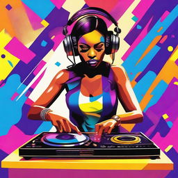 A vibrant image of Maria Mojeiko mixing music, featuring bright and striking colors with visual elements that reflect the energy and style of a home DJ session