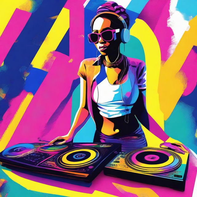 A vibrant image of Maria Mojeiko mixing music, featuring bright and striking colors with visual elements that reflect the energy and style of a home DJ session