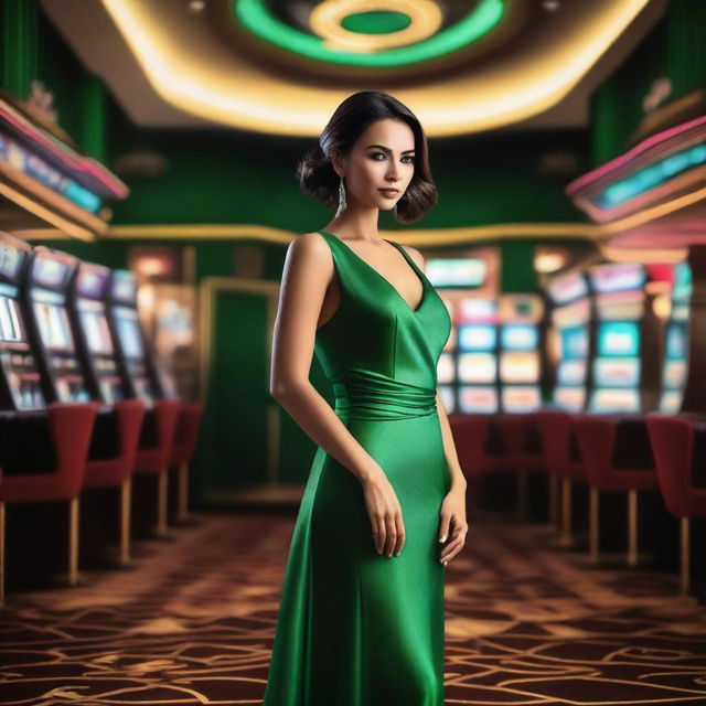 A stylish woman in a glamorous green dress standing in a luxurious casino