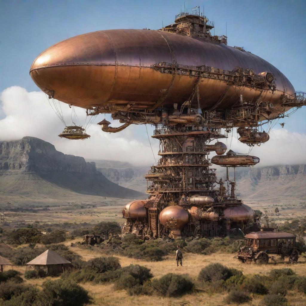 A tableaux of South Africa transformed by steampunk aesthetics, with Cape Town's landscapes interwoven with towering copper structures, wildlife reserves populated by mechanized beasts and exotic airships hovering over the dramatic Drakensberg mountains.