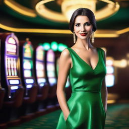 A stylish woman in a glamorous green dress standing in a luxurious casino